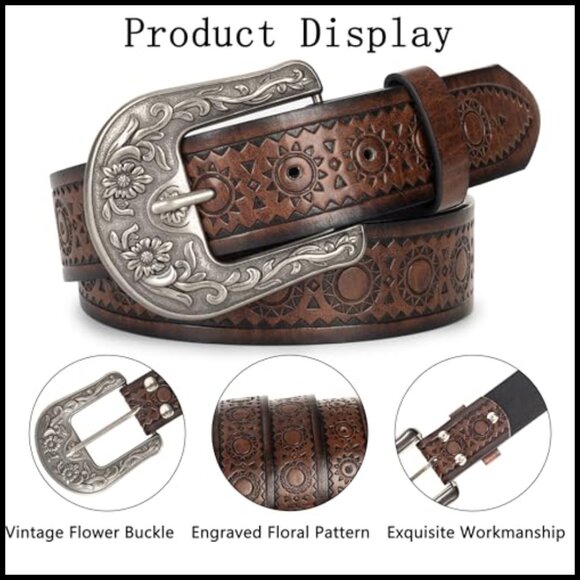 Vintage Western Belt Carved Buckle PU Leather Waist Accessory Chic Retro - Picture 3 of 7